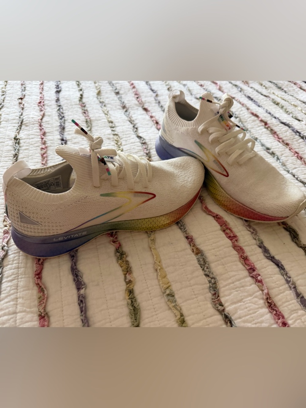 BROOKS….White Knit Lace-Up Sneakers with Rainbow Accent - Picture 5 of 6